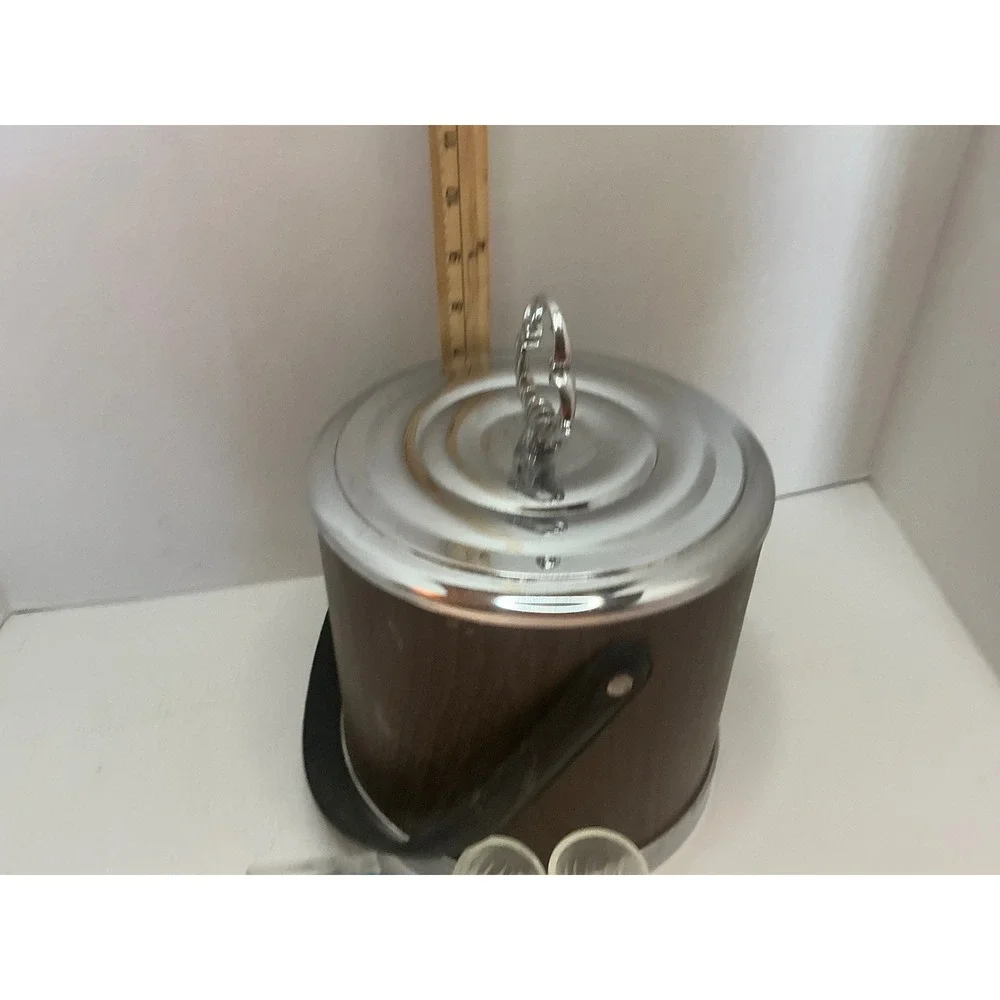 Vintage Ice Bucket with 6 Assorted Shot Glasses Wood Grain MCM Style